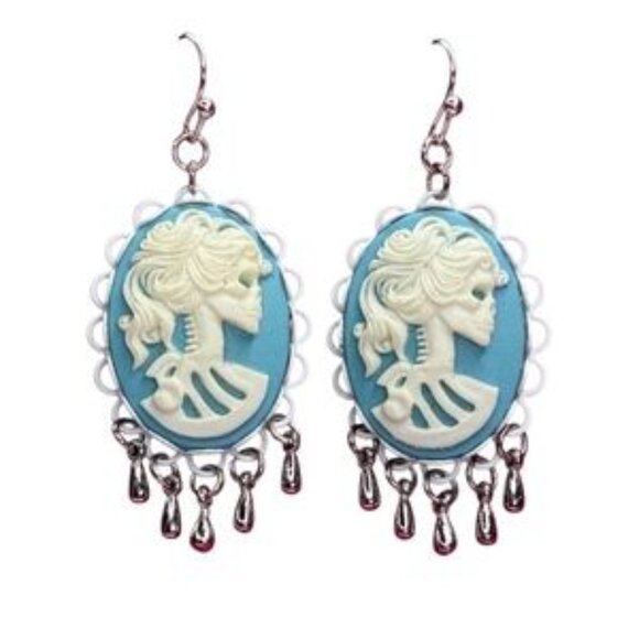 Gothic Skull Cameo Earrings Sky Blue White Vintage Teardrop Dangles - Picture 1 of 7